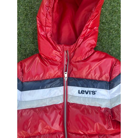 Levi’s Puffer Jacket Red Retro Stripe Hooded Coat (Vintage) Kids Size 8-10Y - Picture 2 of 5